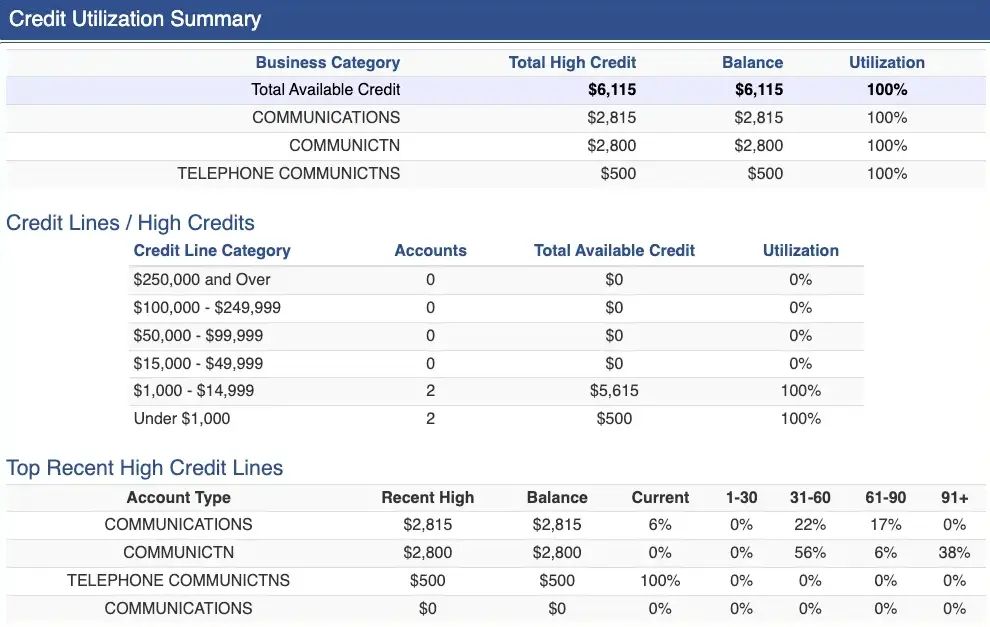 Business Credit Builder — Credit Utilization Summary report showing tradeline data across bureaus