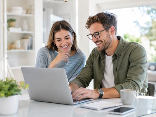 Business owners smiling while reviewing loan approval on laptop