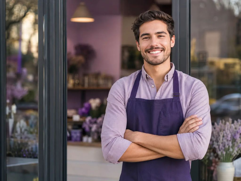 Smiling business owner standing confidently in front of their shop