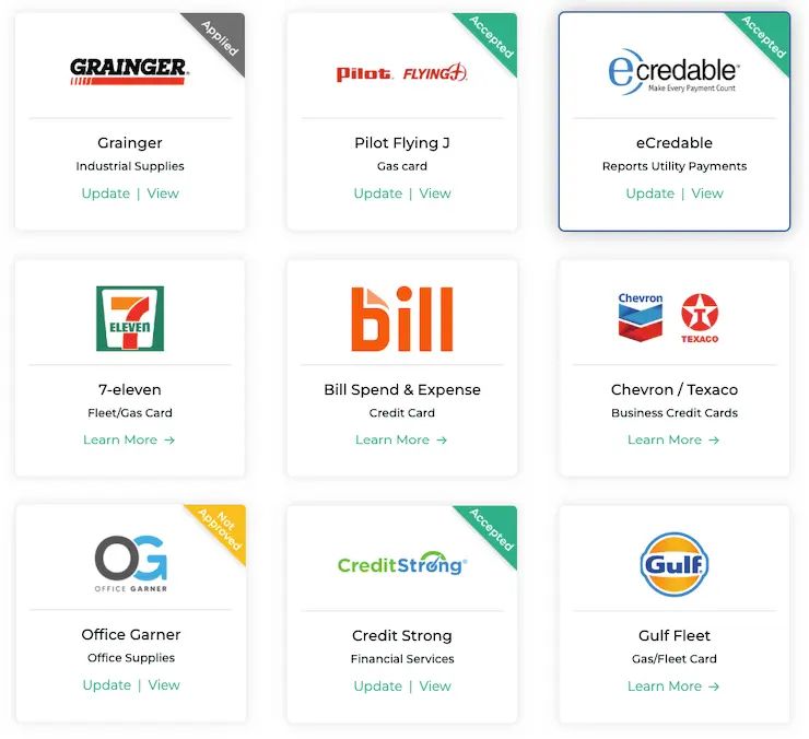 Fundability vendor account grid showing Grainger, Pilot Flying J, eCredable, 7-Eleven, Bill, Chevron/Texaco, Office Garner, Credit Strong, Gulf Fleet and more