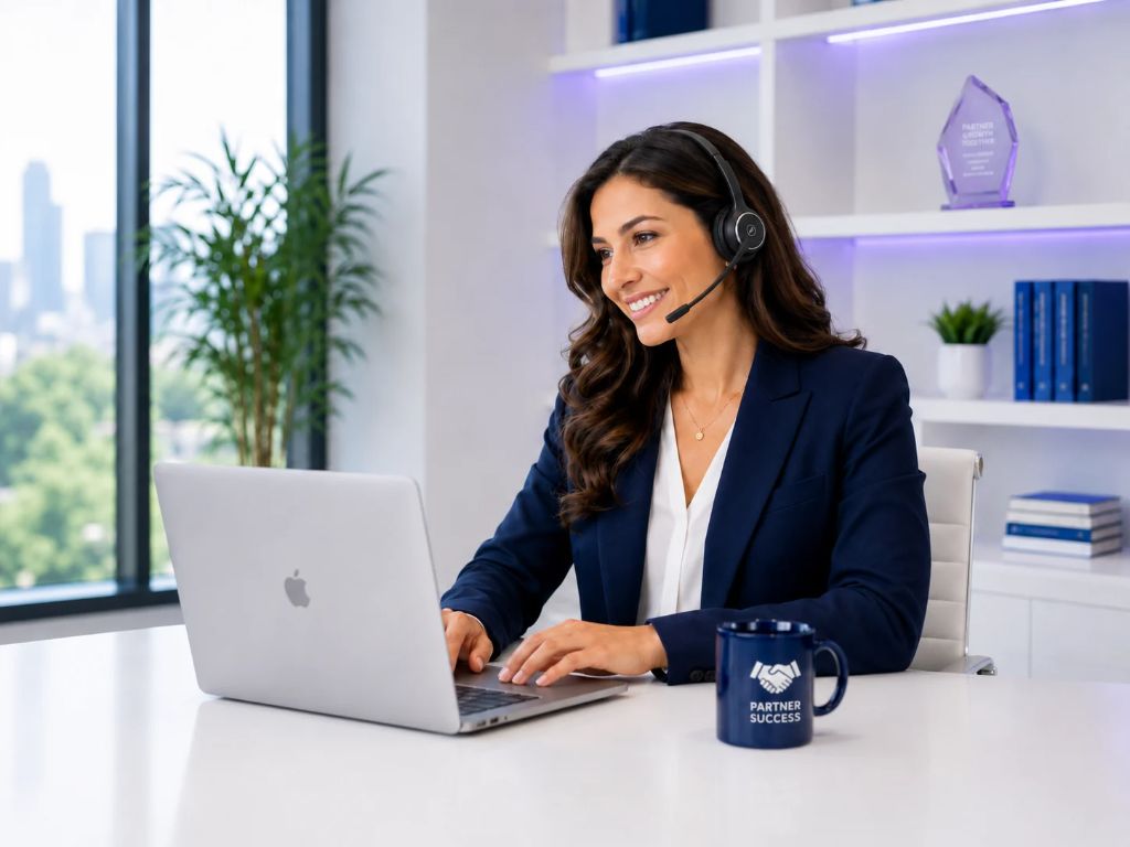 Partner success manager smiling at laptop with headset
